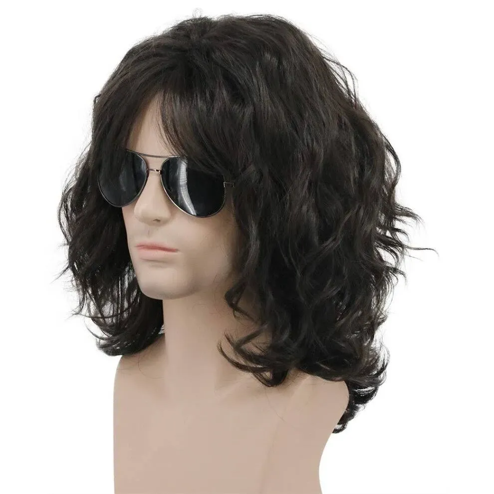 Karlery California 70s 80s Rocker Wig Men Women Long Curly Dark Brown Halloween Costume Anime Wig