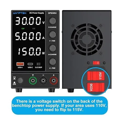 DC Power Supply Variable, Adjustable Switching Regulated Power Supply with Encoder Coarse & Fine Adjustments Knob, Bench Power Supply with USB & Type-C Quick-Charge Interface (Encoder knob, 30V 5A)