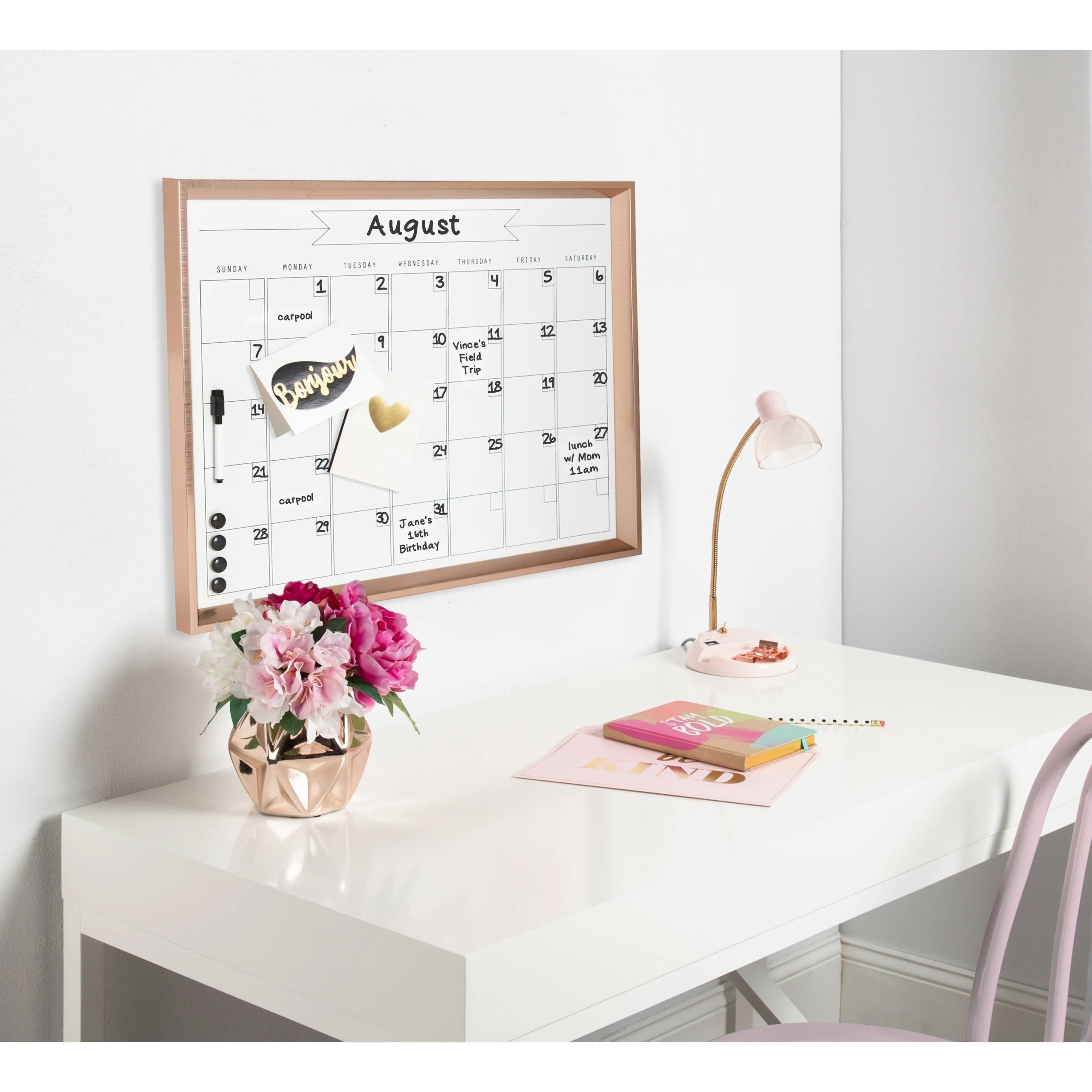 DesignOvation Calter Framed Magnetic Dry Erase Monthly Calendar, Rose Gold