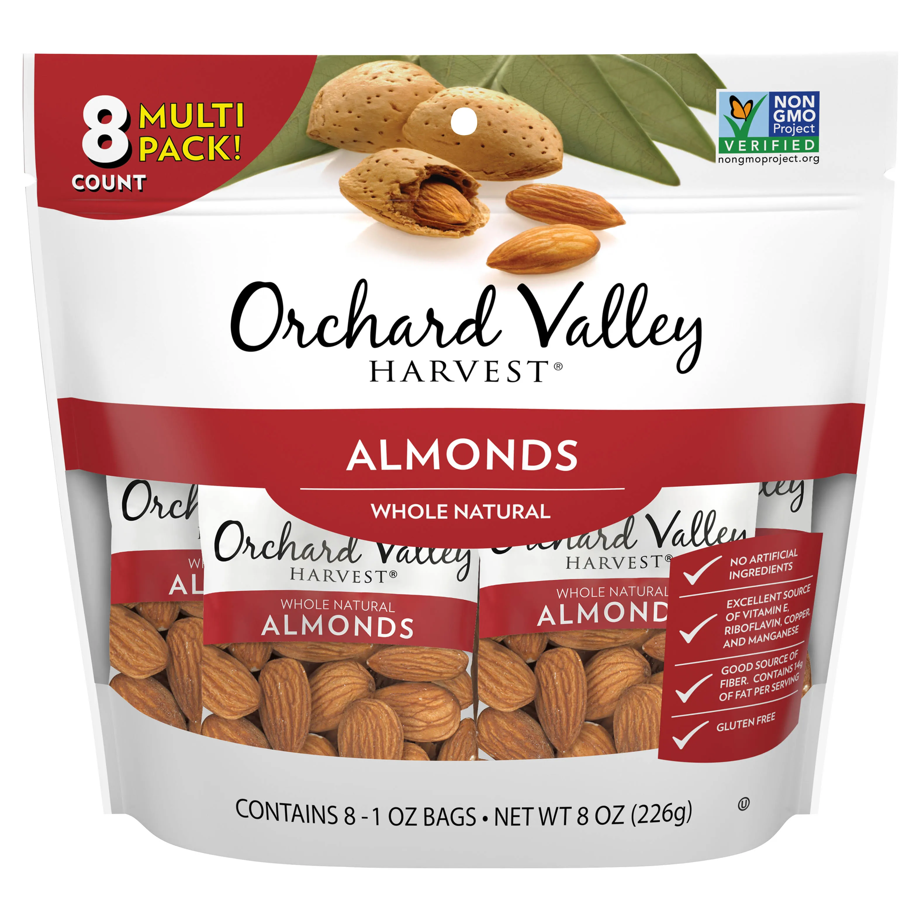 ORCHARD VALLEY HARVEST Whole Natural Almonds, 1 oz (Pack of 8), Non-GMO, No Artificial Ingredients