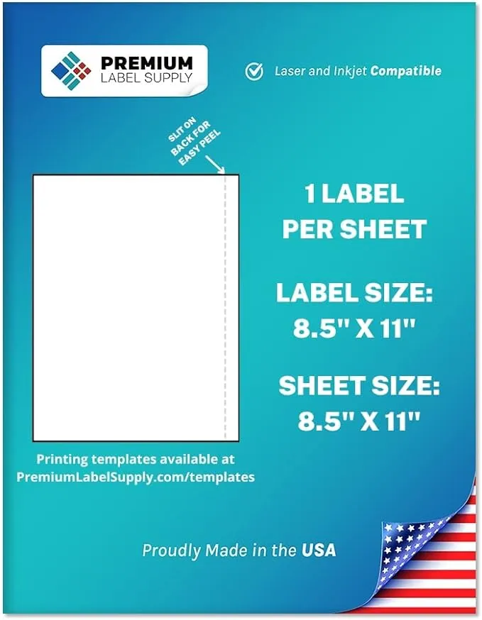 Premium Label Supply White Sticker Full Sheet Shipping Labels – 8.5" x 11" – Laser/Inkjet Compatible – (1 Label/Sheet), 100 Sheets - Letter Size