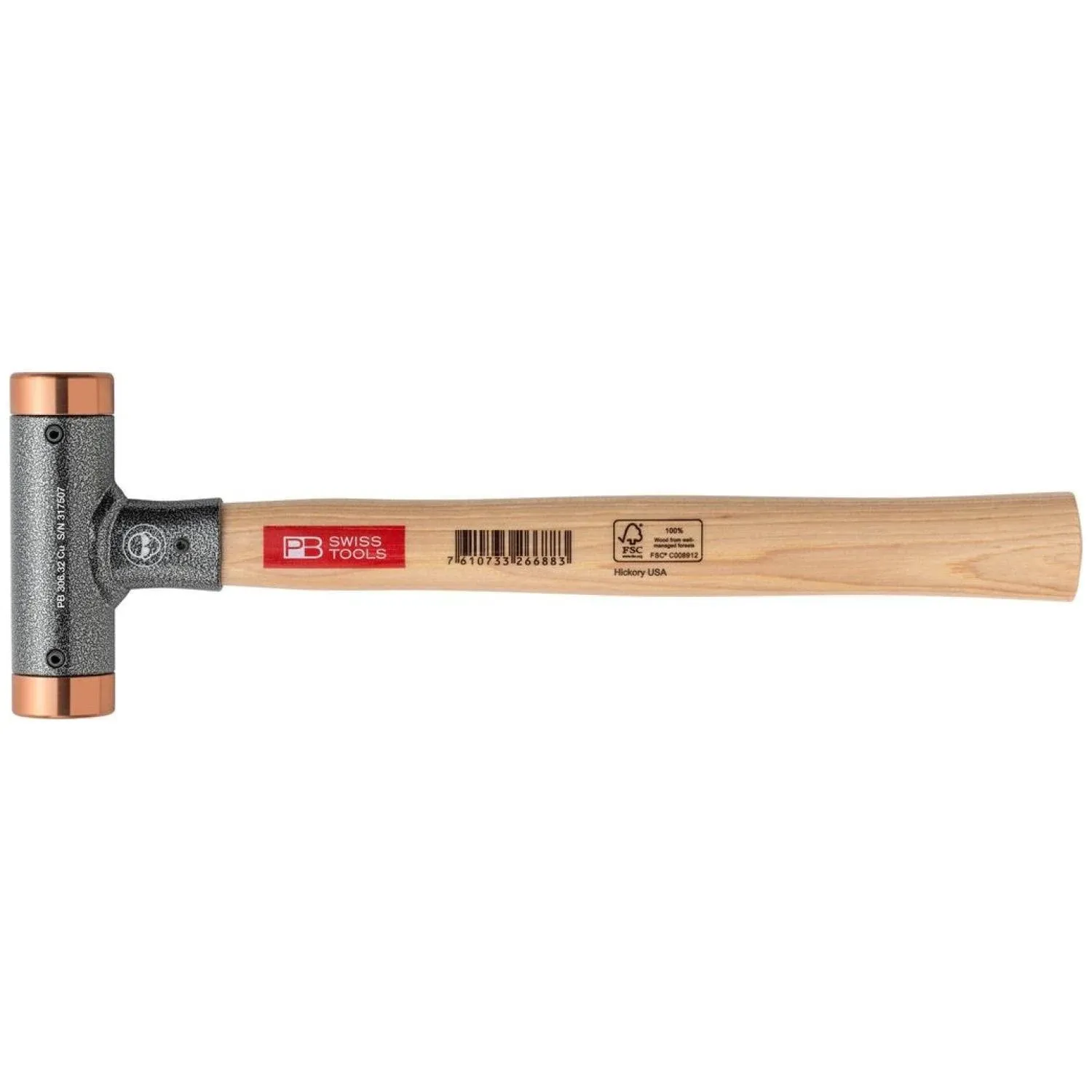 PB Swiss Tools PB 306.32 Cu Copper and Hickory Recoilless Soft-faced Deadblow Mallet, 32 mm