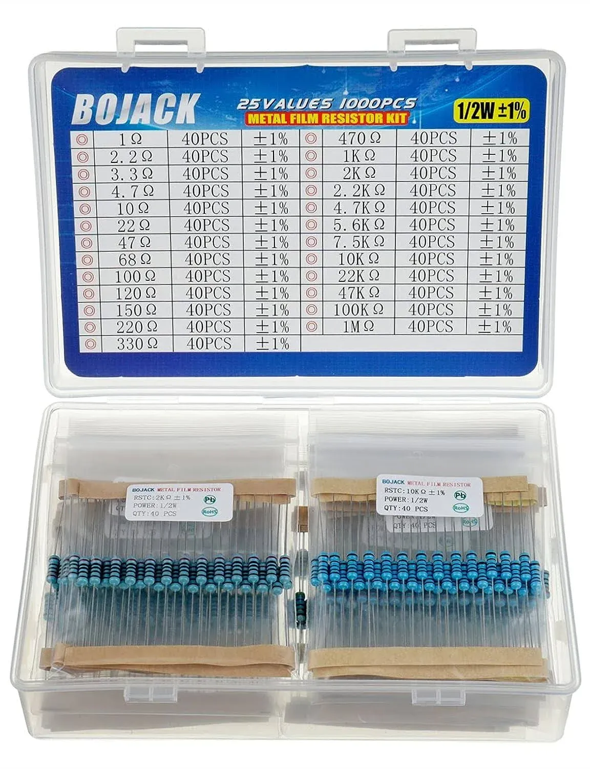 1000 Pcs 25 Values Resistor Kit 1 Ohm-1M Ohm with 1% 1/2W Metal Film Resistors A