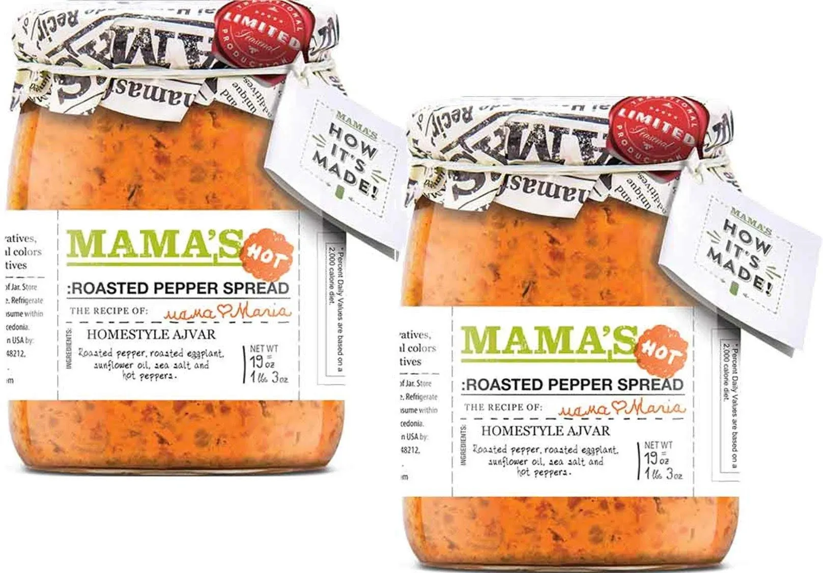 Mamas Home style Roasted Pepper Red Ajvar Spread, Two 19 oz. Jars (Hot)