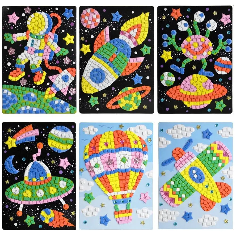 Lovyan Mosaic Sticker Art Sticky DIY Handmade Art Kits for Kids – Astronaut, Spaceship, Alien, UFO, Hot-air Balloon, Airplane(6 Pack)