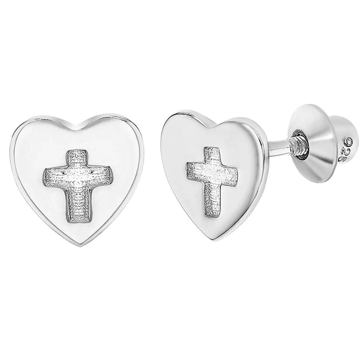 925 Sterling Silver Screw Back Cross Heart Earrings Babies Toddlers Girls