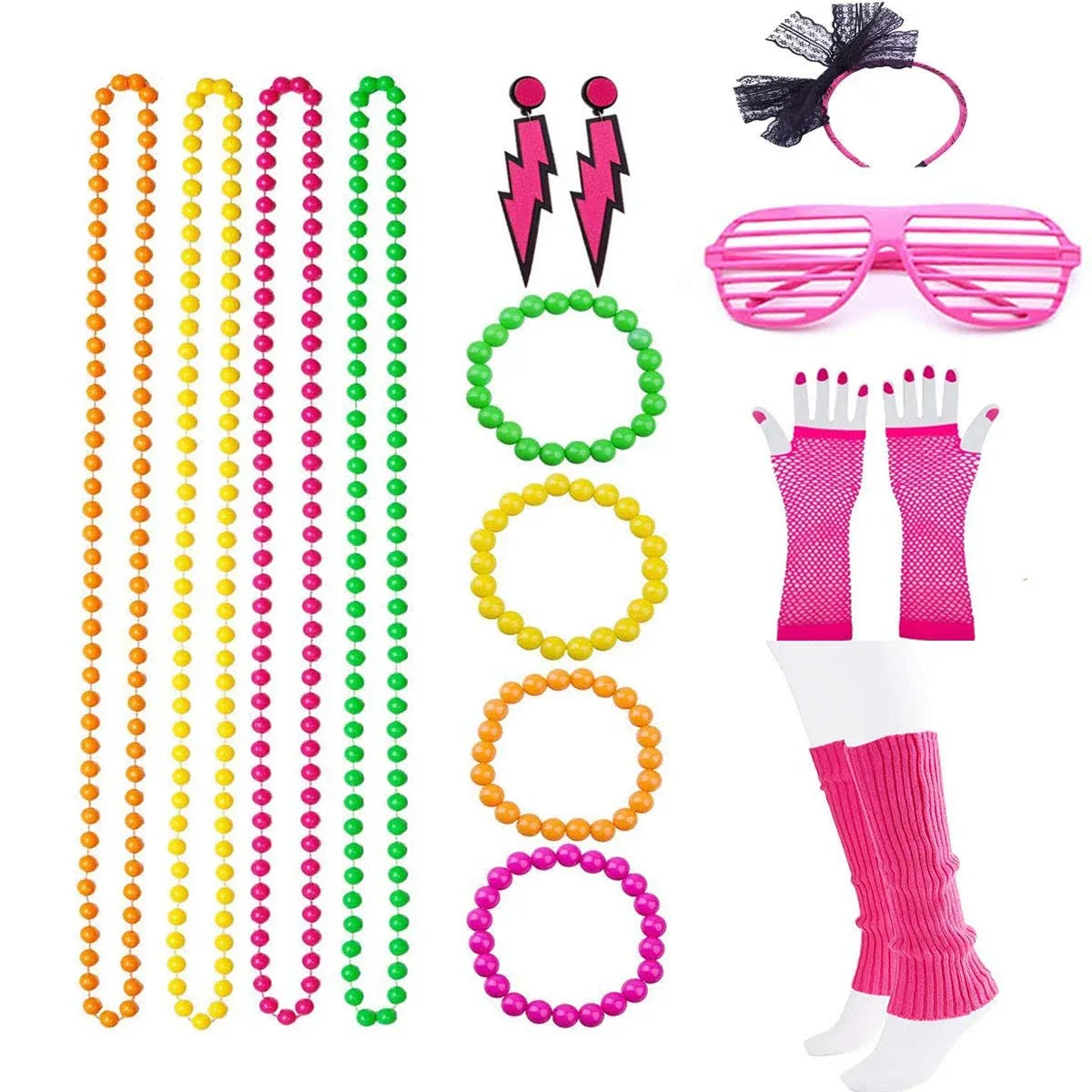 Jteey Women's 80s Costume Accessories Set Neon Necklace Bracelet Earrings Fishnet ...