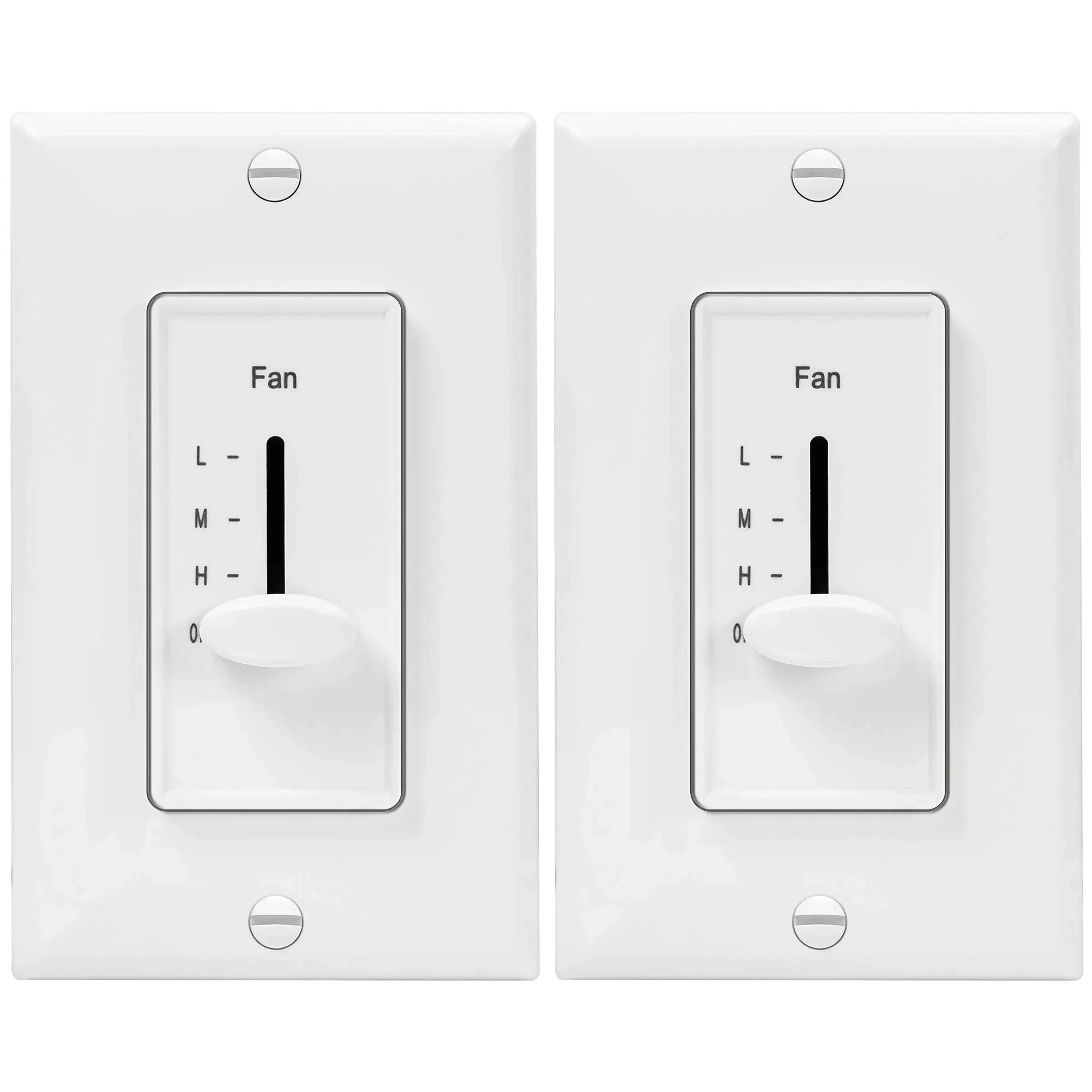 ENERLITES 3 Speed Decora in Wall Ceiling Fan Control, Slide Switch, 120VAC, 2.5A, Single-Pole, Neutral Wire NOT Required, 17000-F3-W2P, White, 2 Pack