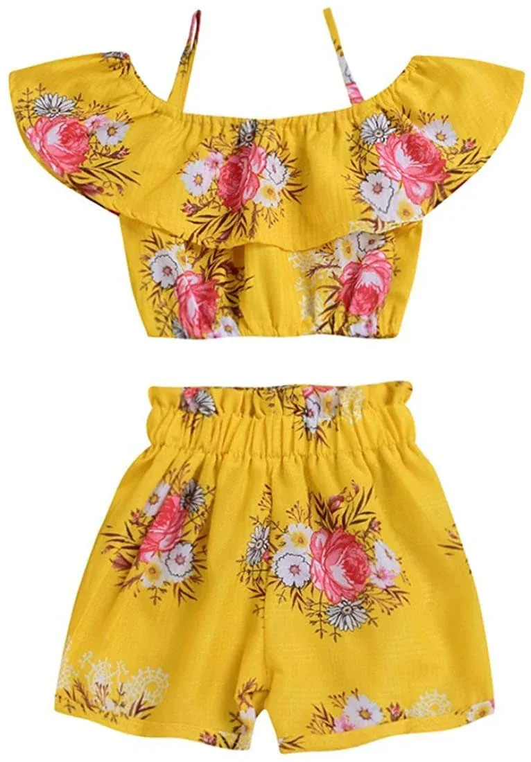 BOEBNOZCV Toddler Baby Girl Floral Halter Ruffled Outfits Set Yellow Strap Crop ...