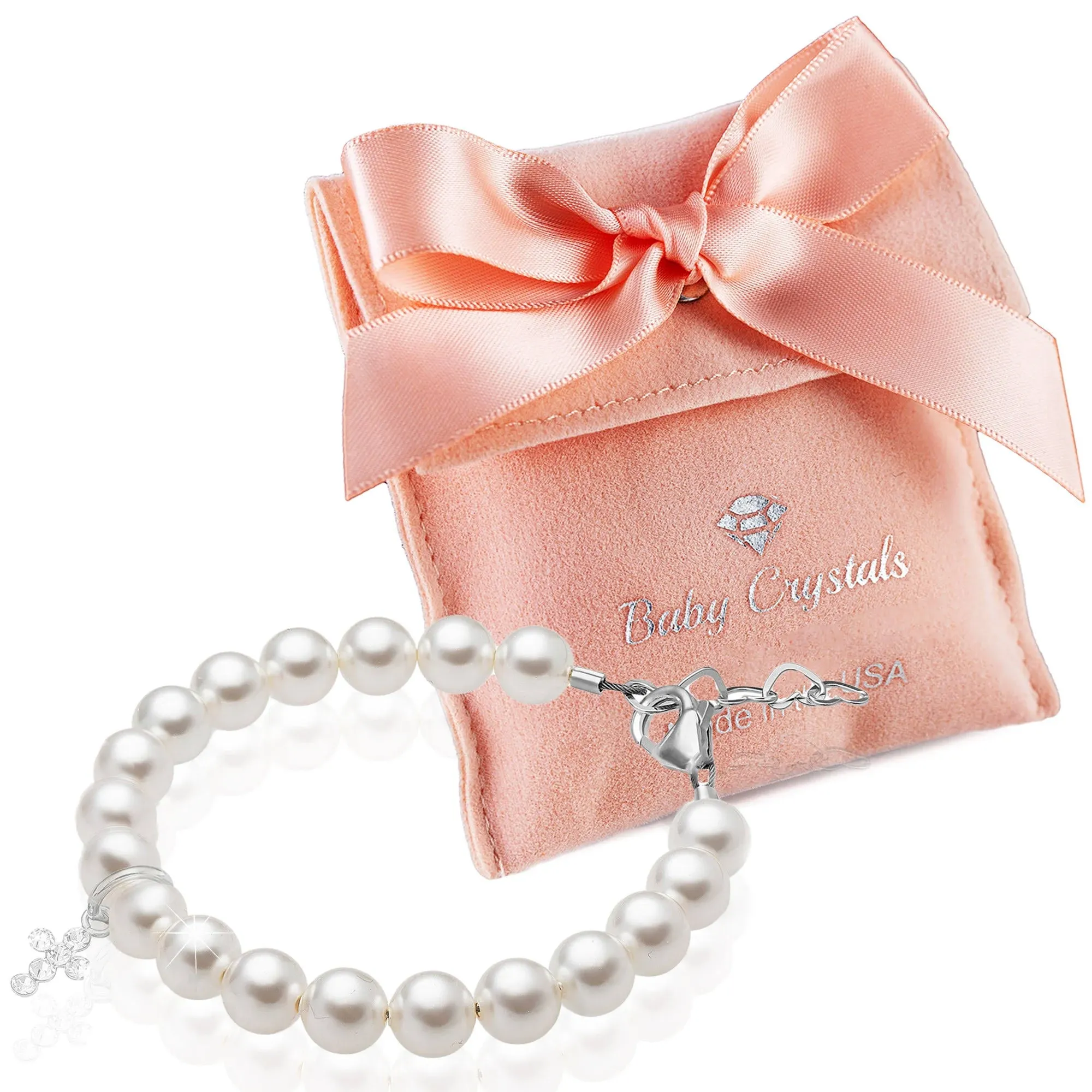 Baby Crystals Baptism Pearl Bracelet for Girls, Sterling Silver Crystal Cross ...