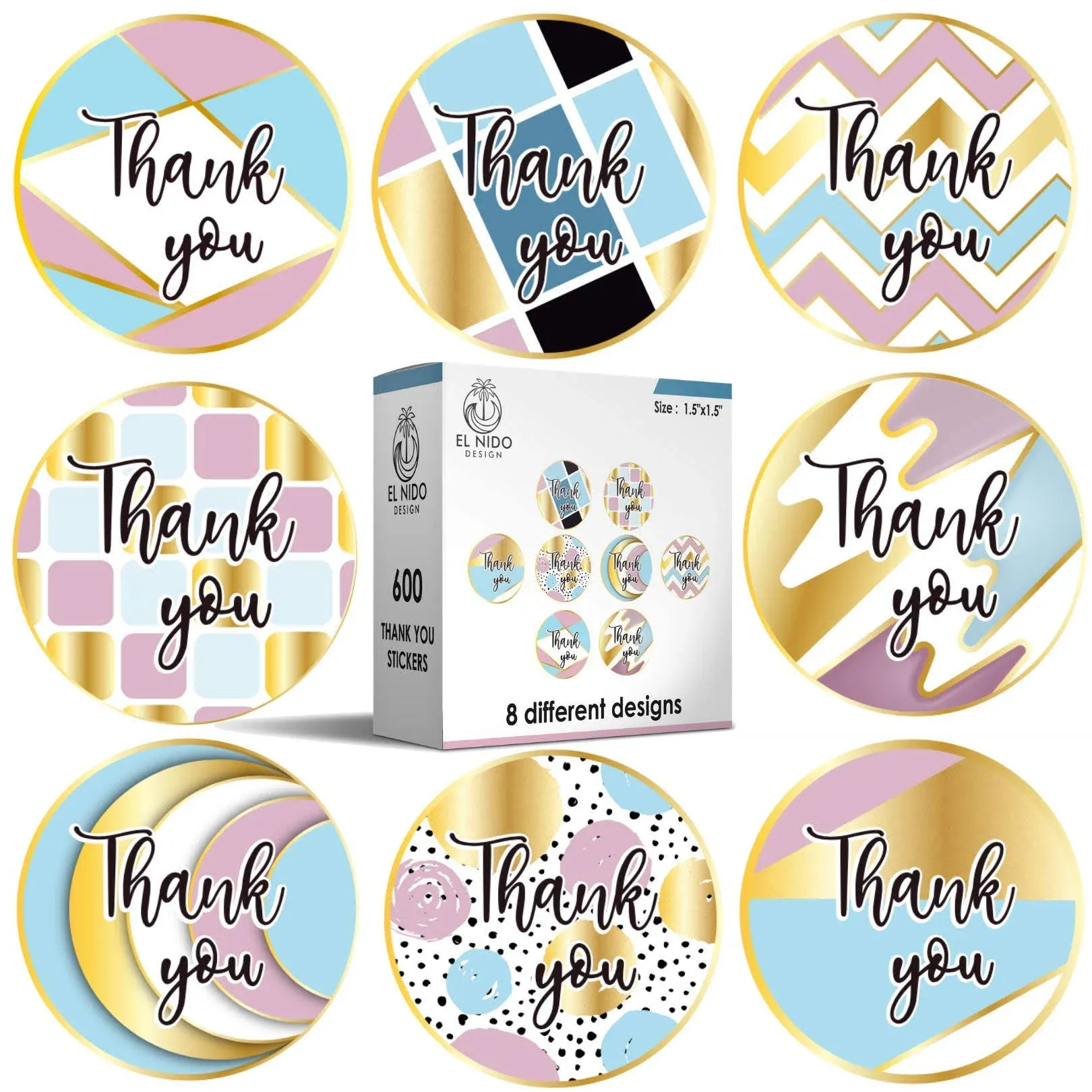 600 Thank you Stickers 8 designs New 1.5&quot; Thank You Stickers / 8 Different Designs with Gold Foil / 600 Thank You Stickers Per Roll