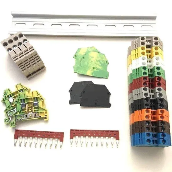 Any Color DIN Rail Terminal Block Kit Dinkle 20 DK4N 10AWG 30A 600V Gnd Jumper