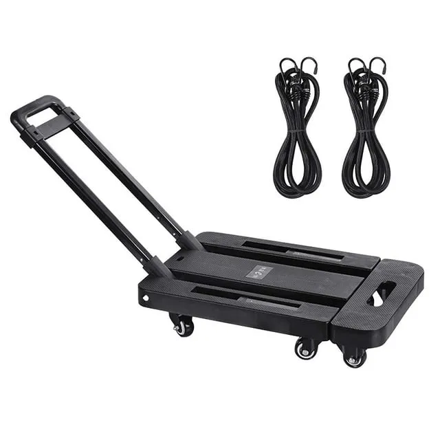 Folding Hand Truck, 500LBS Heavy Duty Foldable Dolly Cart - Portable Luggage Cart with 6 Wheels 2 Elastic Ropes for Moving, Travel, Shopping, Office Use - Black