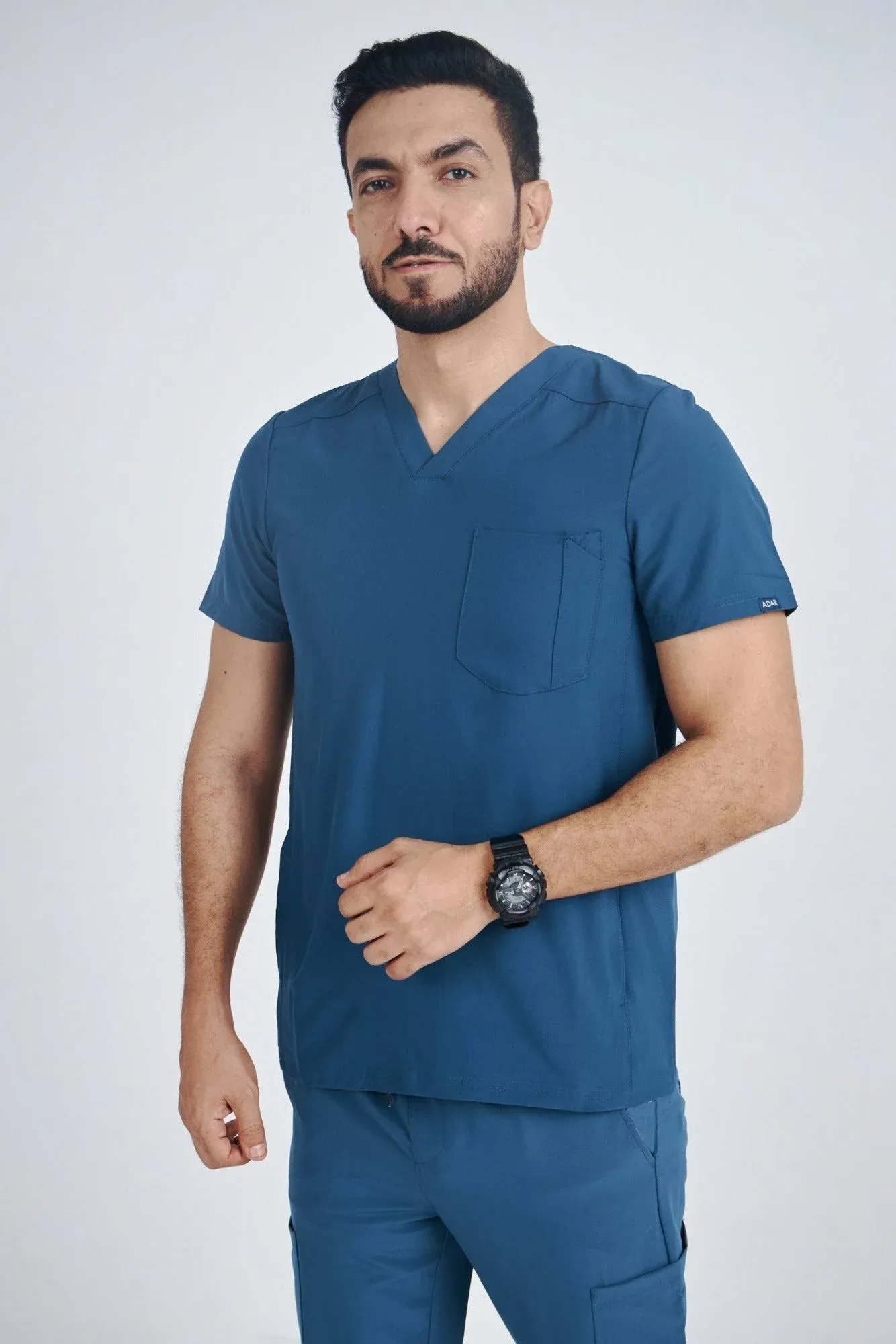 Adar Addition Men's Modern Multi-Pocket V-Neck Scrub Top Navy / S