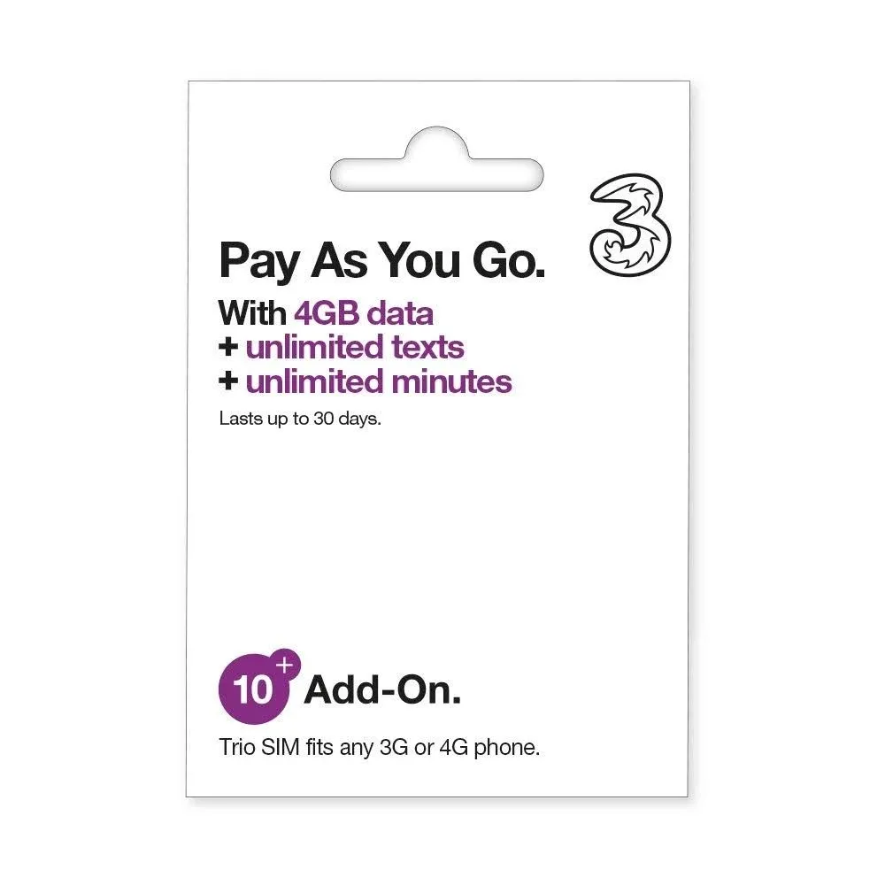 Three 4GB Data Pay As You Go Sim