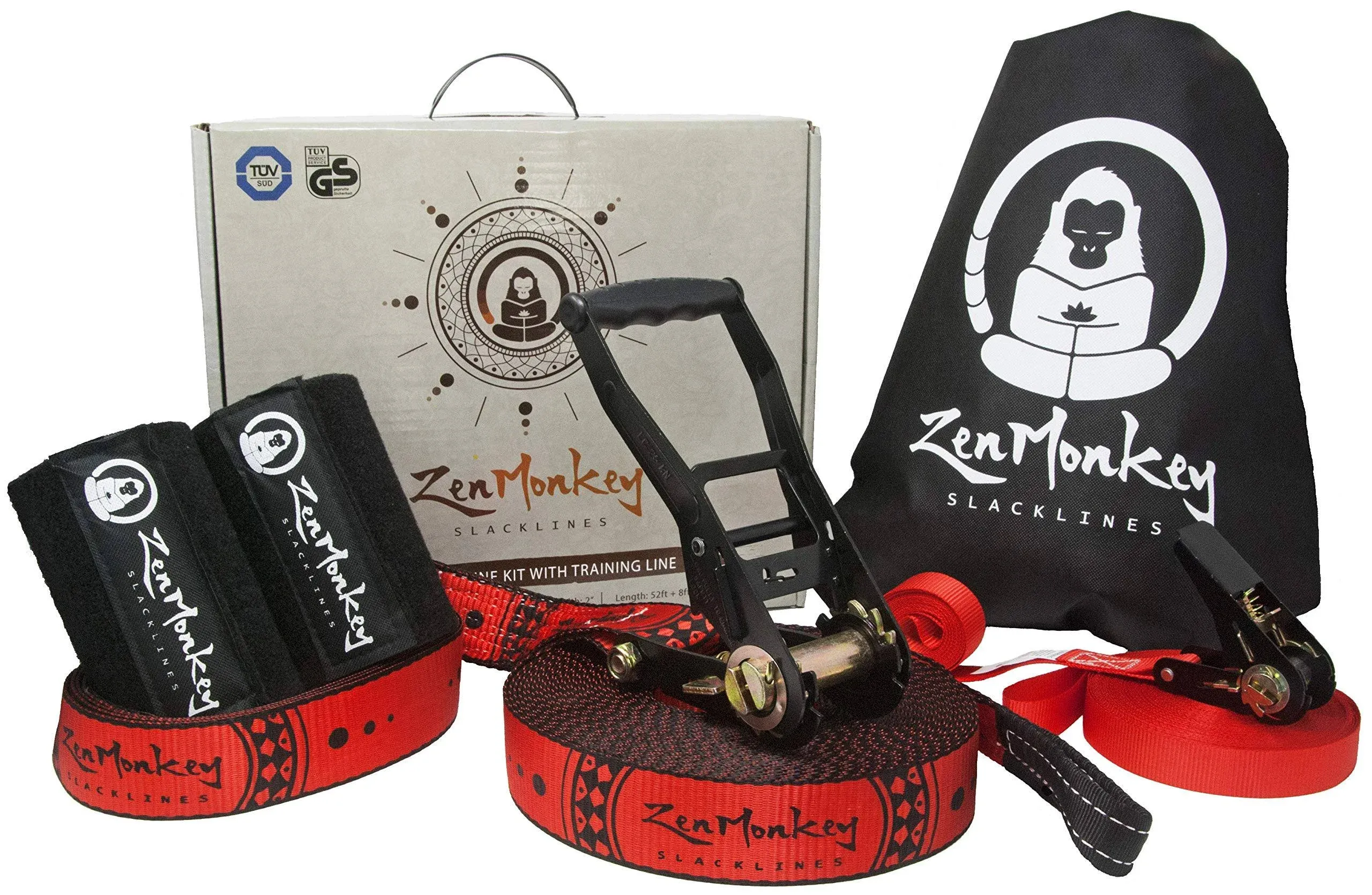 ZenMonkey Slackline Kit with Overhead Training Line, Arm Trainer, Tree Protectors, Cloth Carry Bag and Instructions, 60 Foot - Easy Setup for The