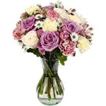 Rejuvenate by Arabella Bouquets with Free Hand-Blown Glass Vase (Fresh-Cut Roses, Purple, White)