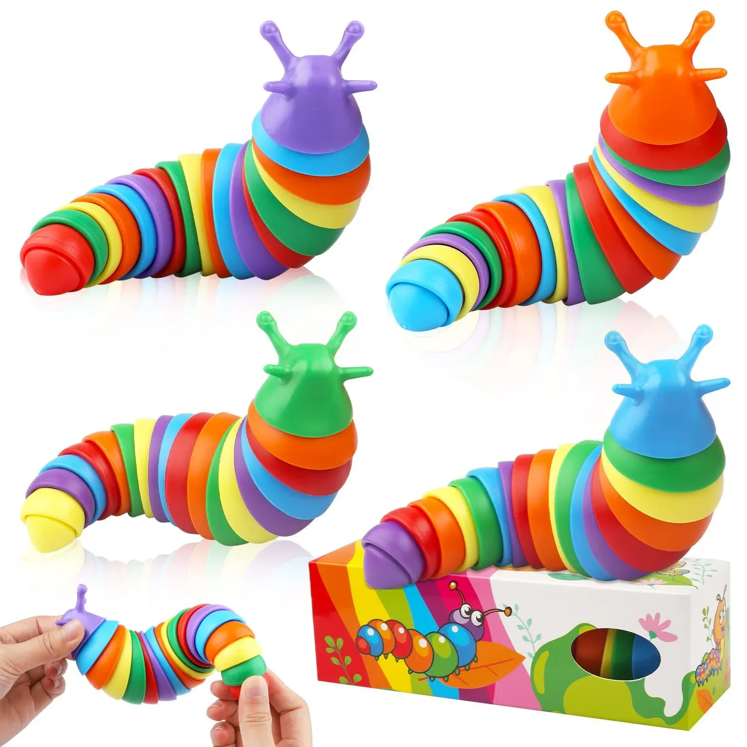 SoulLife 4 Pack Rainbow Slug Sensory Fidget Toys, Stress Relief Caterpiller ...