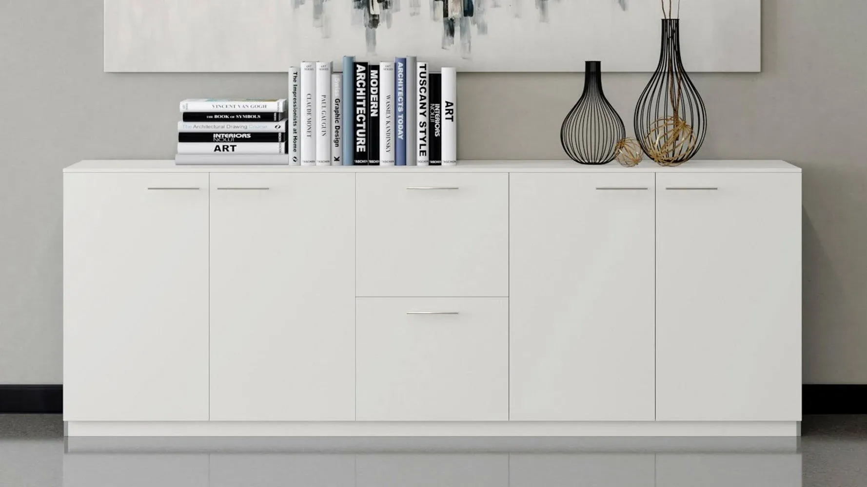 86.5" Modern Reagan White Matte Lacquer Cabinet Filing Drawers Shelf Storage - Transitional - Buffets And Sideboards - by Zuri Furniture | Houzz