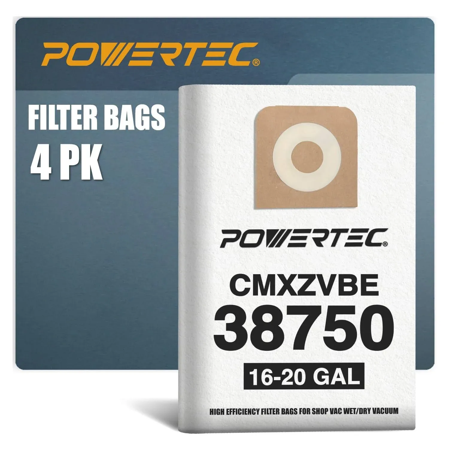 POWERTEC Filter Bags Replacement for CMXZVBE38750 Fine Dust Wet/Dry Vacuums 4 PK