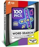 100 PICS Word Search Game - Pocket Puzzle With Picture Clues, Wipe Clean Cards Pen, For Kids And Adults