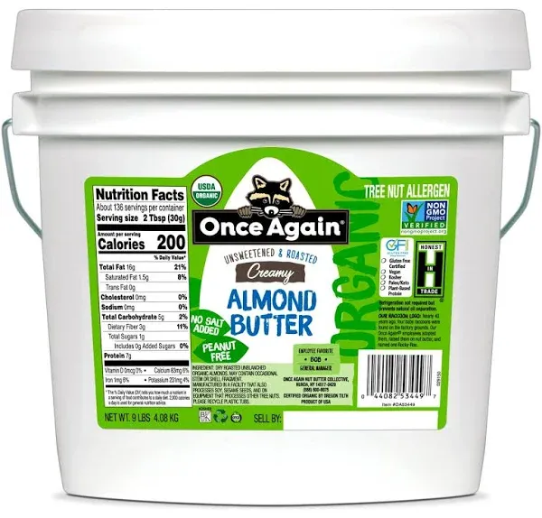 Once Again Nut Butter Organic Creamy Almond Butter, 9 Pound