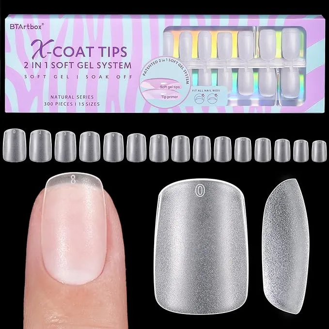 BTArtbox Short Square Gel Nails - Natural XCOATTIPS Short Fake Nails with Tip Primer Cover, Stronger Nail Adhesion, Full Matte Soft Gel Nail Tips, Clear Nail Tips Fake Nails for Nail Extensions