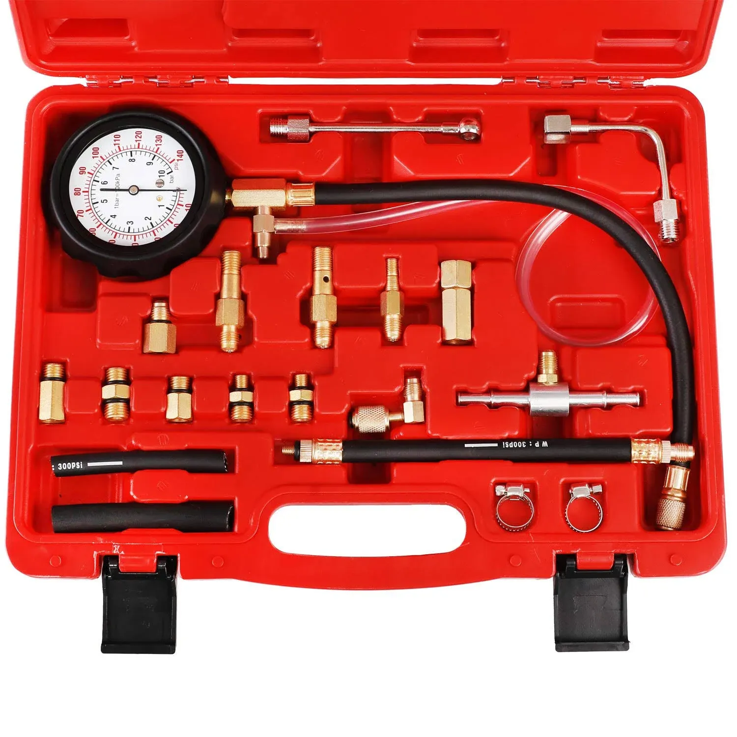 Fuel Injection Pump Pressure Tester Gauge Kit, Car Gasoline Gas Fuel Oil Injector Test Manometer Tool Set 0-140PSI, Universal for Auto Truck SUV Motorcycle ATV RV