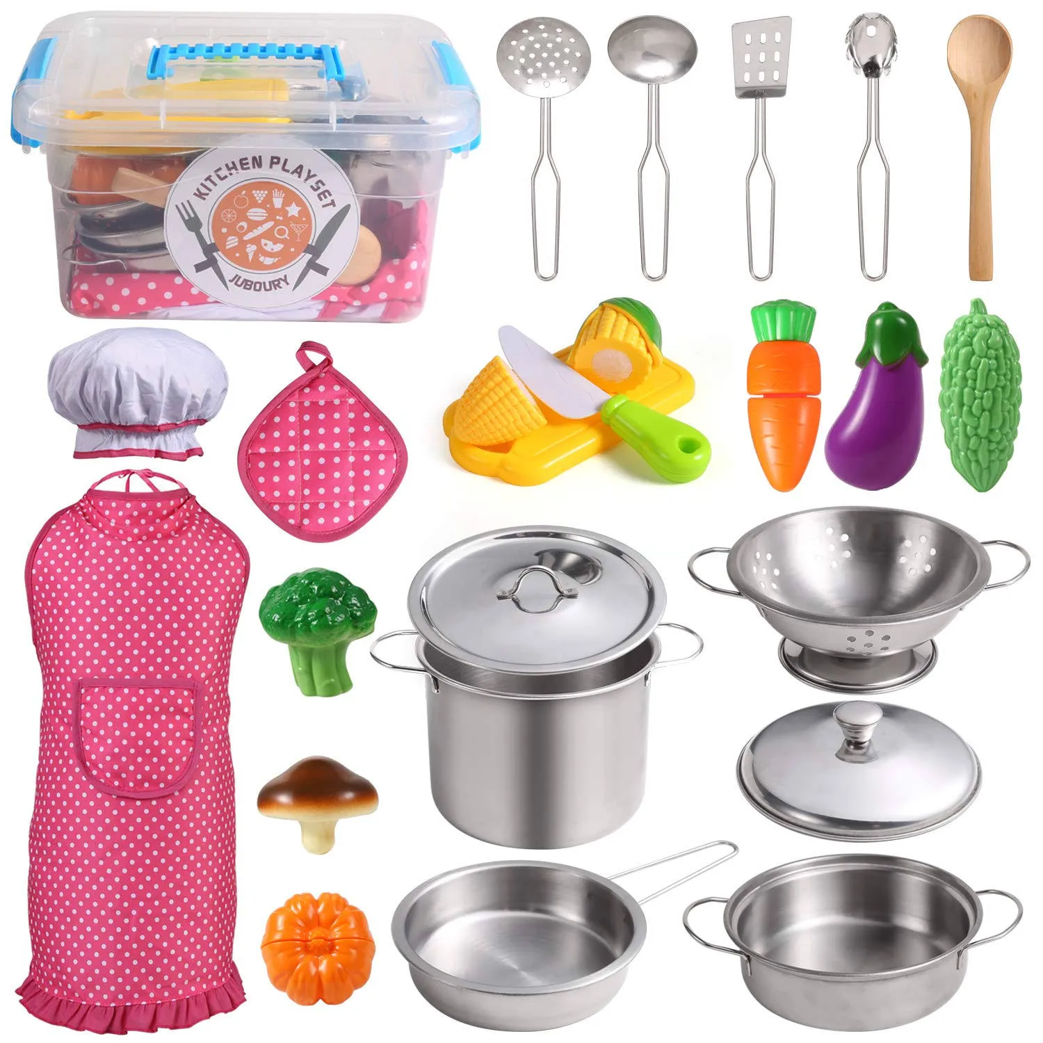 Juboury Kitchen Pretend Play Toys with Stainless Steel Cookware Pots and Pans Set ...