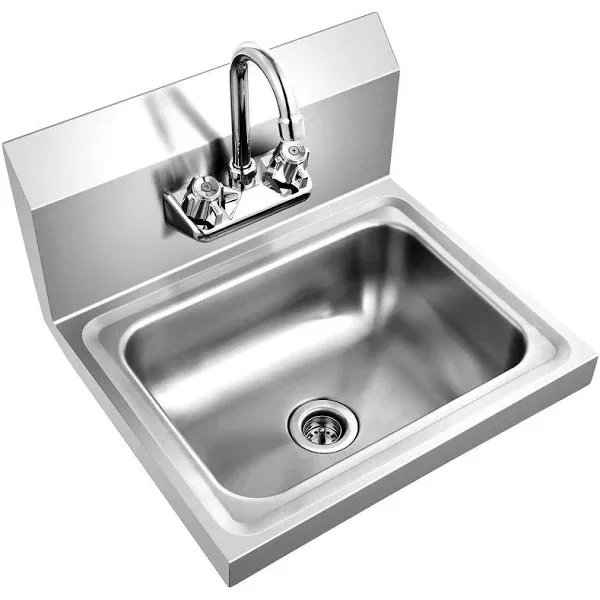 Giantex Stainless Steel Hand Washing Sink, Commercial Sink with Faucet, Strainer, Back Splash, Commercial Wall Mount Hand Basin for Restraunt, Bar, Store, 17" x 15"