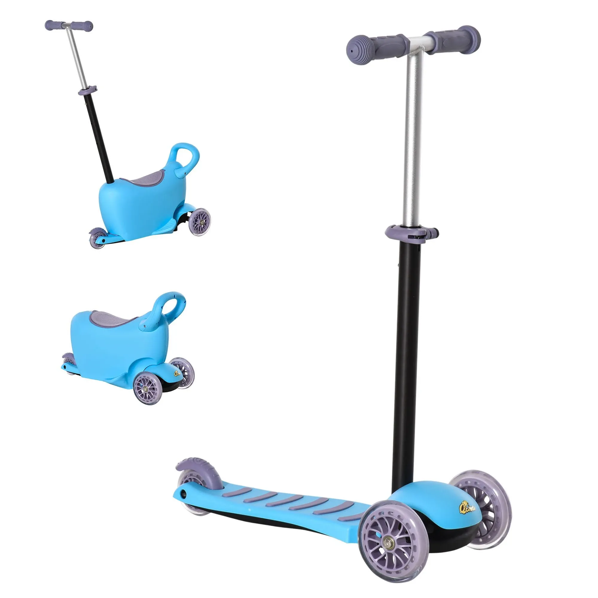 3-in-1 Kids Scooter, Adjustable Walker Push Car W/ 3 Wheels, Blue