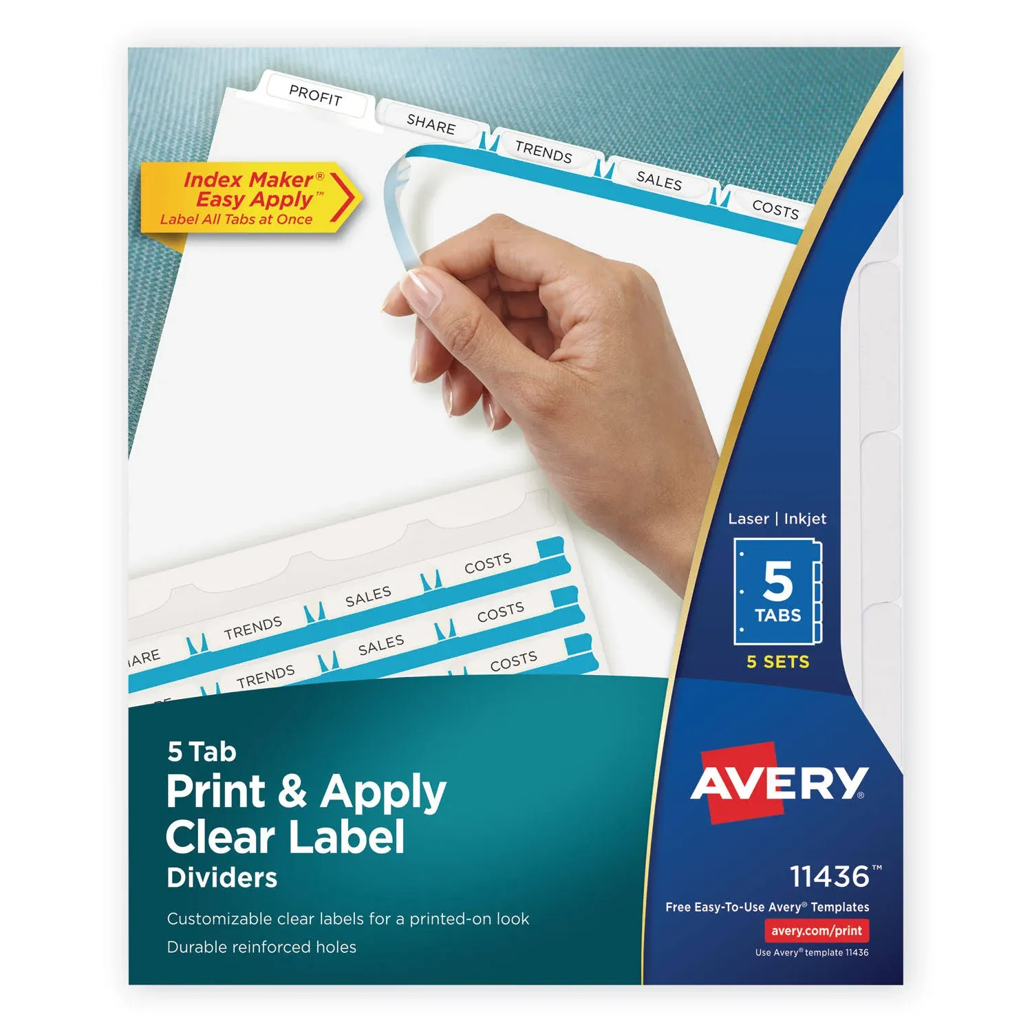 Avery 5 Tab Dividers for 3 Ring Binder, Easy Print & Apply Clear Label Strip, Index Maker Customizable White Tabs, 10-Pack of 5 Sets, 50 Sets Total (11436)