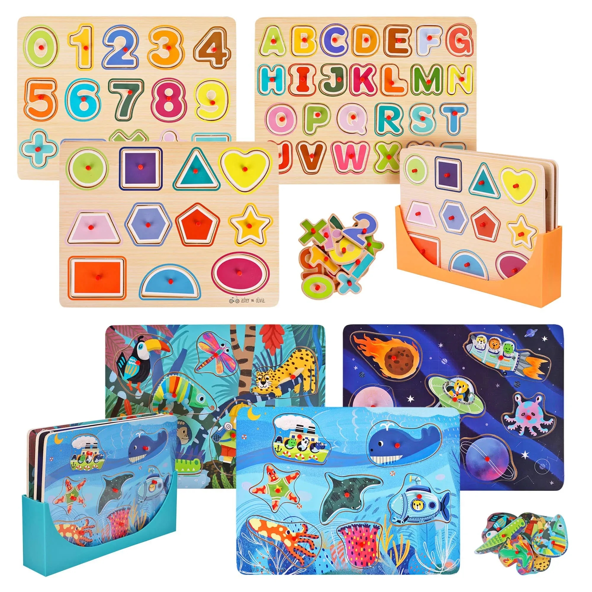 Asher and Olivia Wooden Toddler Puzzles (6-pack) and Storage Rack, Peg Puzzles ...