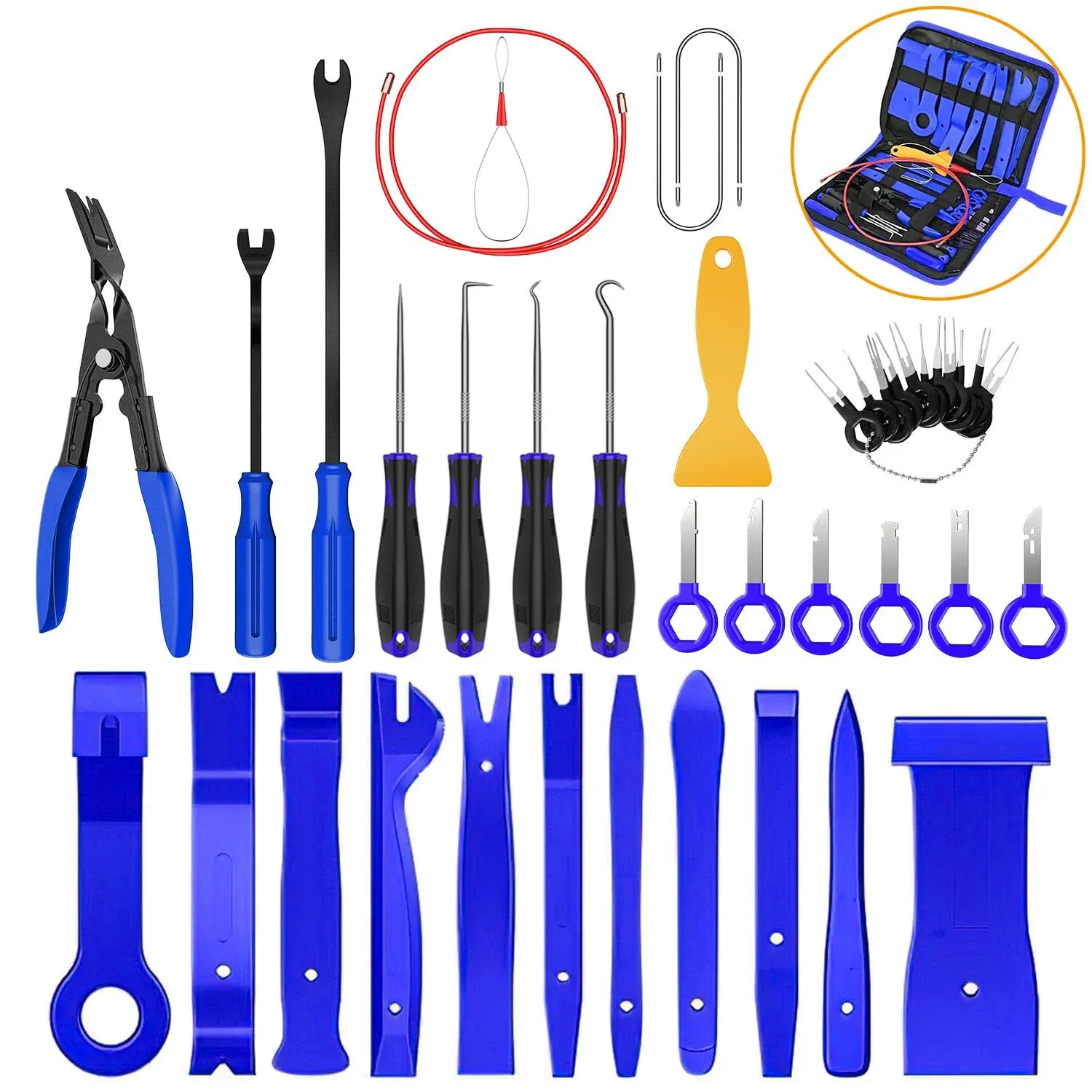 GOOACC 40Pcs Trim Removal Tool,Auto Terminal Removal Key Tool,Auto Clip Pliers Stereo Removal Tools,Car Upholstery Repair Removal Kit,Precision Hook and Pick Set,Wiring Threader,Car Film Scrape-Blue