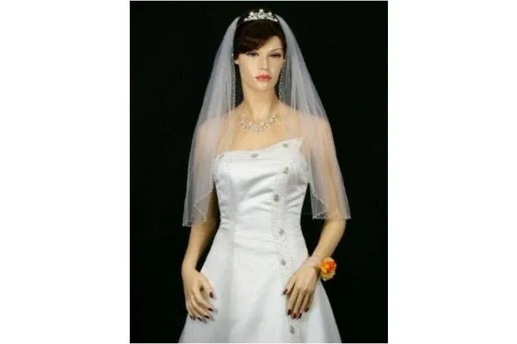 1T White Elbow Length Beaded Edge Bridal Wedding Veil