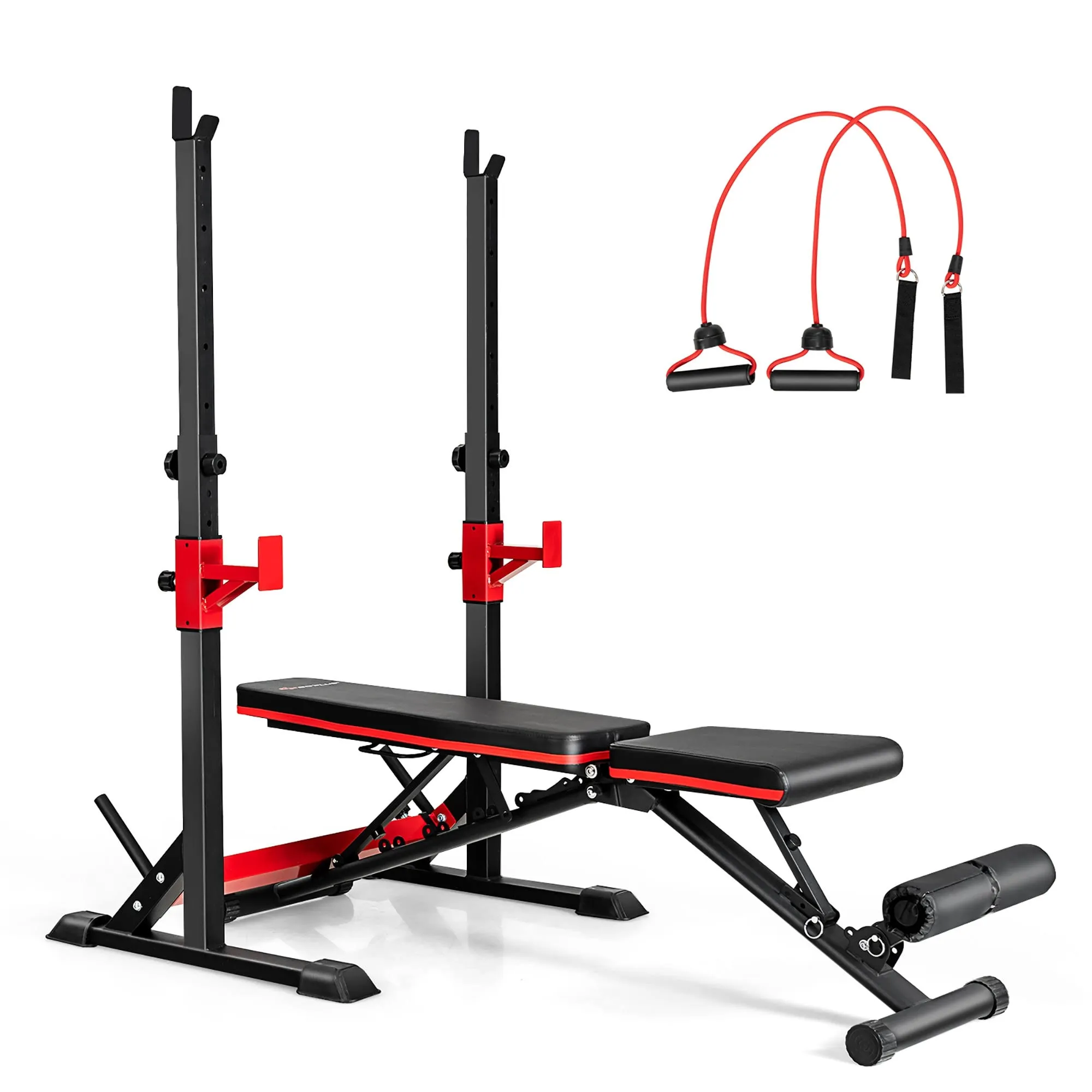 Goplus Adjustable Olympic Weight Bench Press Set with Barbell Rack, Fitness Squat Rack Dip Station w/Flat Incline Decline Workout Bench, Elastic Ropes for Weight Lifting, Home Gym Strength Training