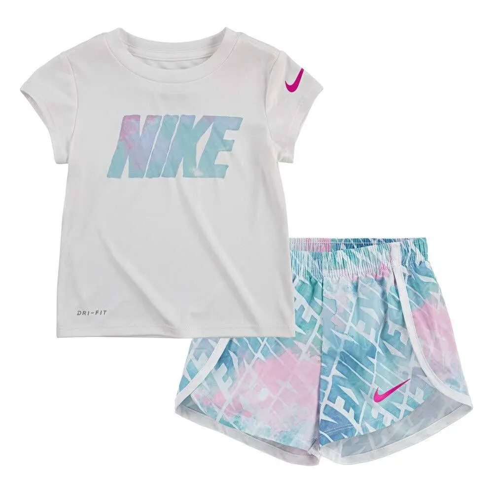 Nike Baby Girl 2 Piece Top &amp; Shorts Set ~ White, Teal &amp; Pink ~ DRI-FIT 