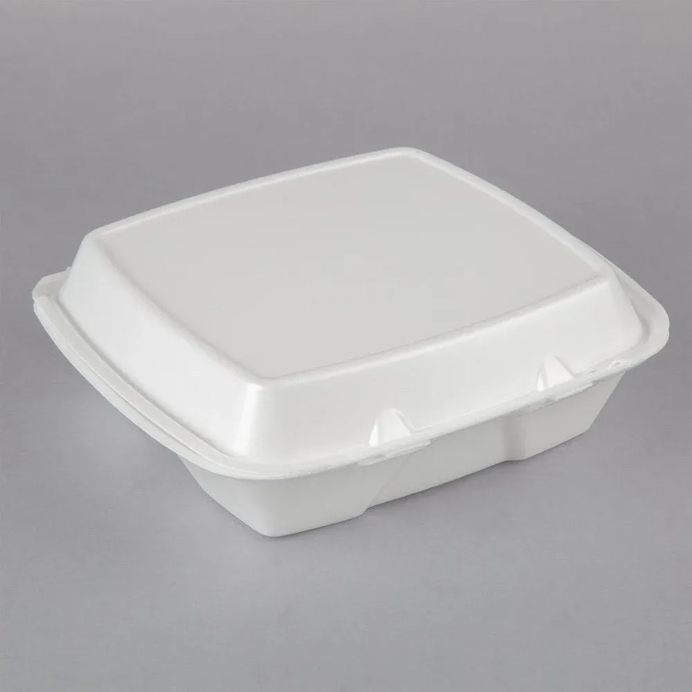 Dart 90HTPF3R 9" x 9" x 3" White Foam Three-Compartment Square Take Out Container with Hinged Lid - 200/Case