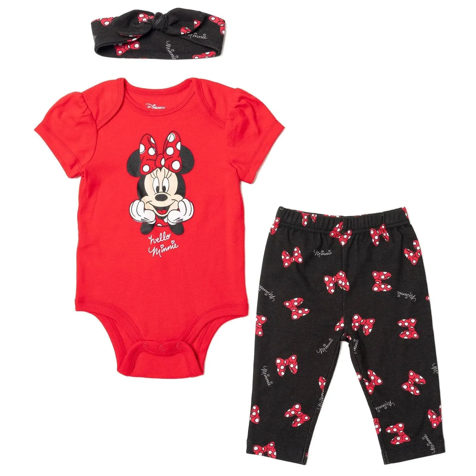 Disney Minnie Mouse Newborn Baby Girls Bodysuit Pants and Headband 3 Piece Outfit ...