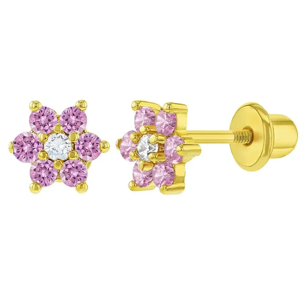 18K Gold Plated Flower Baby Earrings Screw Back Kids Pink Clear 5mm