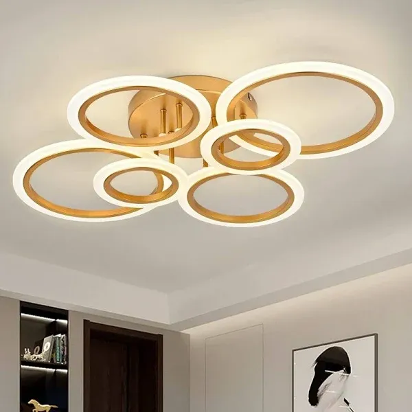 Modern LED Ceiling Light, Gold 6 Rings Flush Mount Ceiling Light, 4000K Lighting Fixture Ceiling Lamp for Kitchen, Bedroom, Living Room, Laundry Room