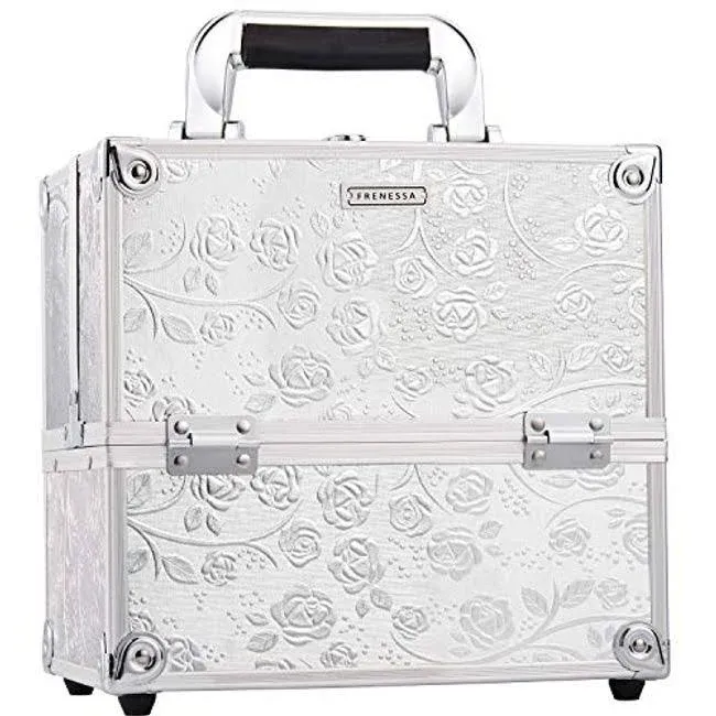 Portable Makeup Train Case with 4 Trays and Lockable Divider - Silver Rose