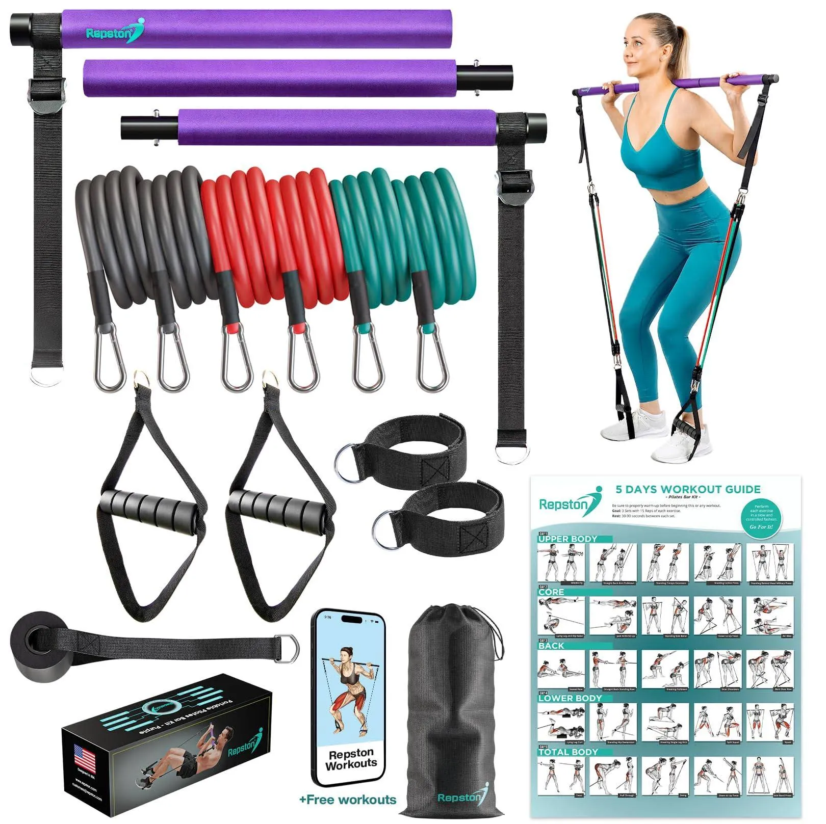 Repston Pilates Bar Kit with Resistance Bands - 6X Resistance Bands, 3 Section ...