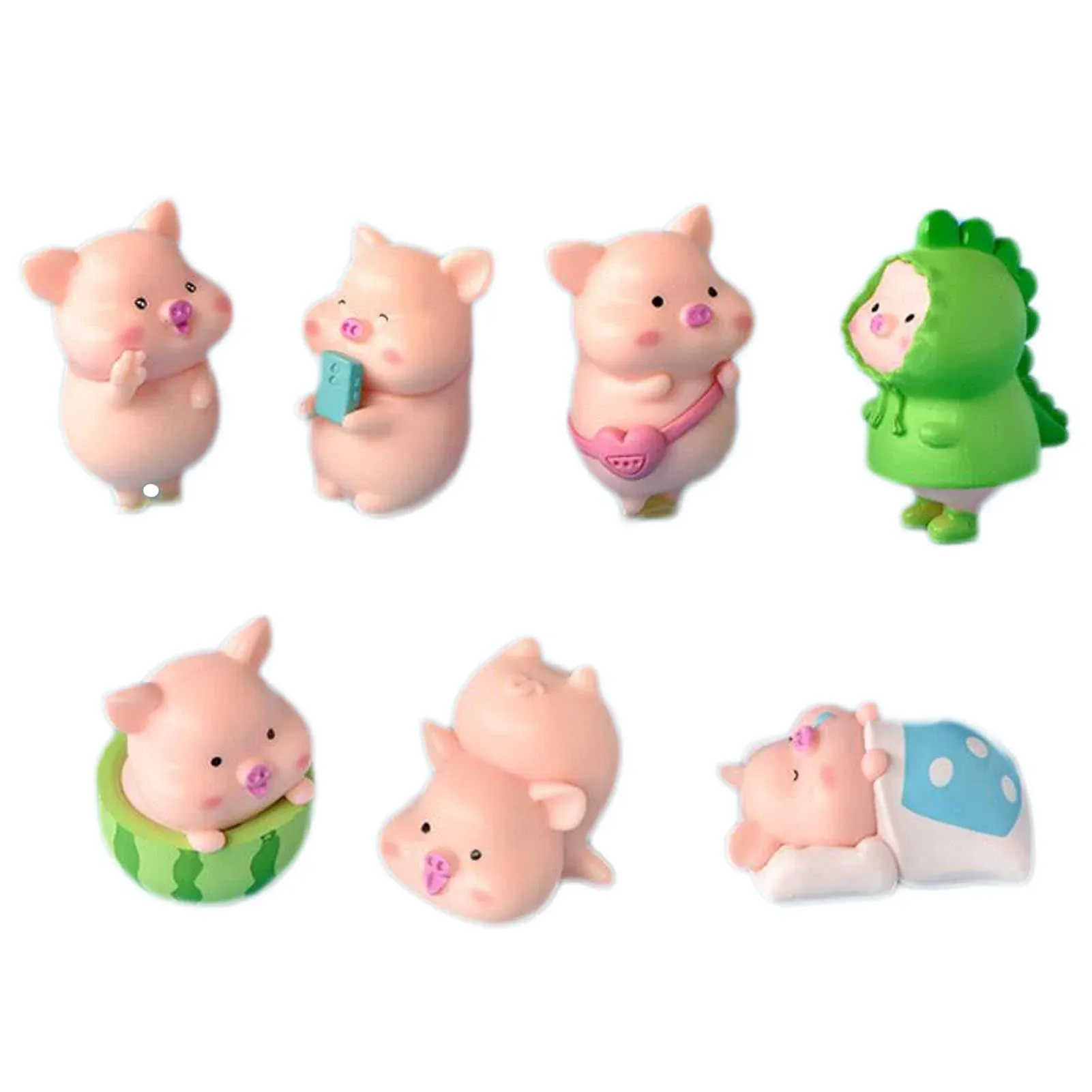 7 Pcs Cute Pink Piggy Toy Figures Cute Piggy Models Resin Miniature Pig Figur...