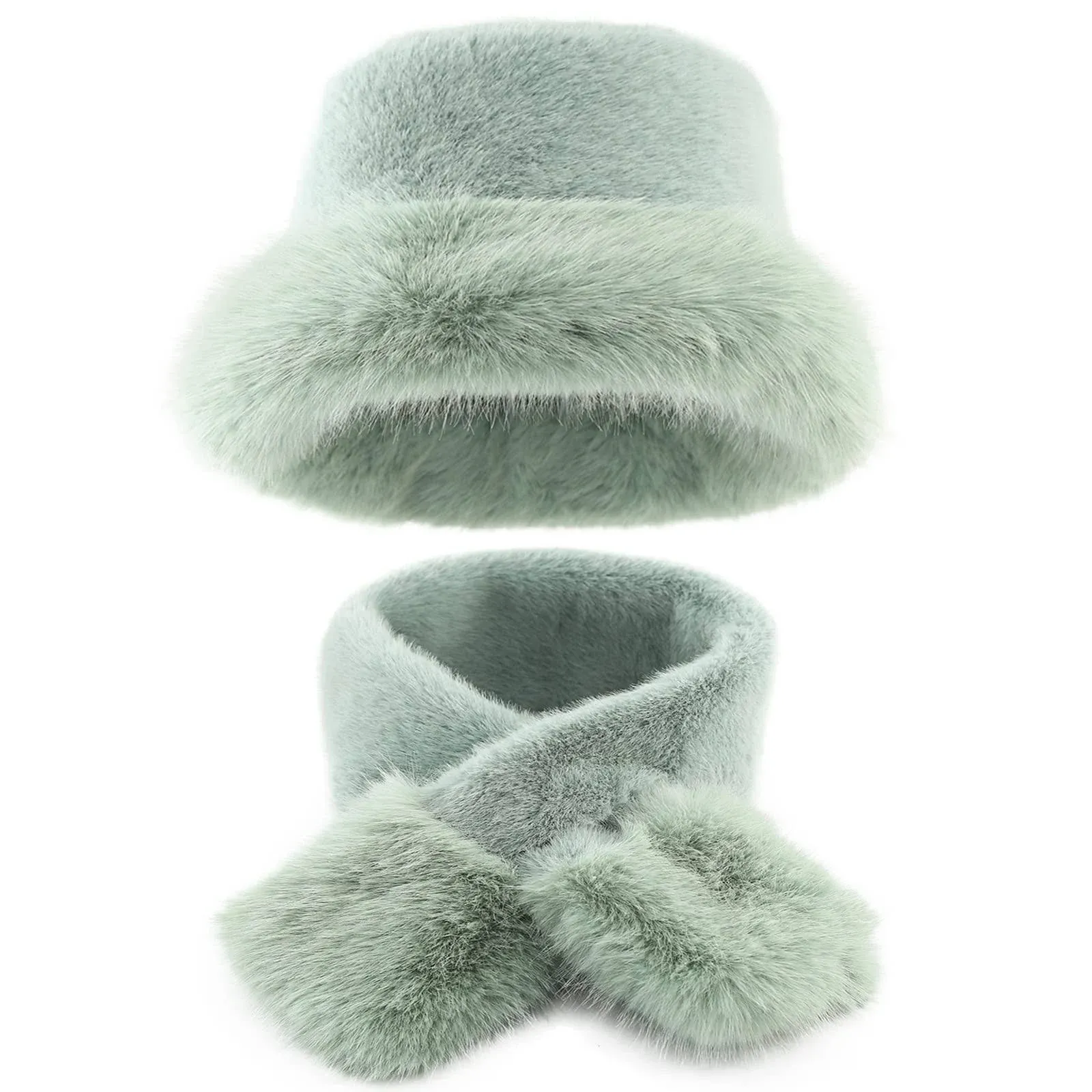 ZIYANGKELE Solid Women&#039;s Faux Fur Hat and Scaf Suit, Fluffy Bucket and... 