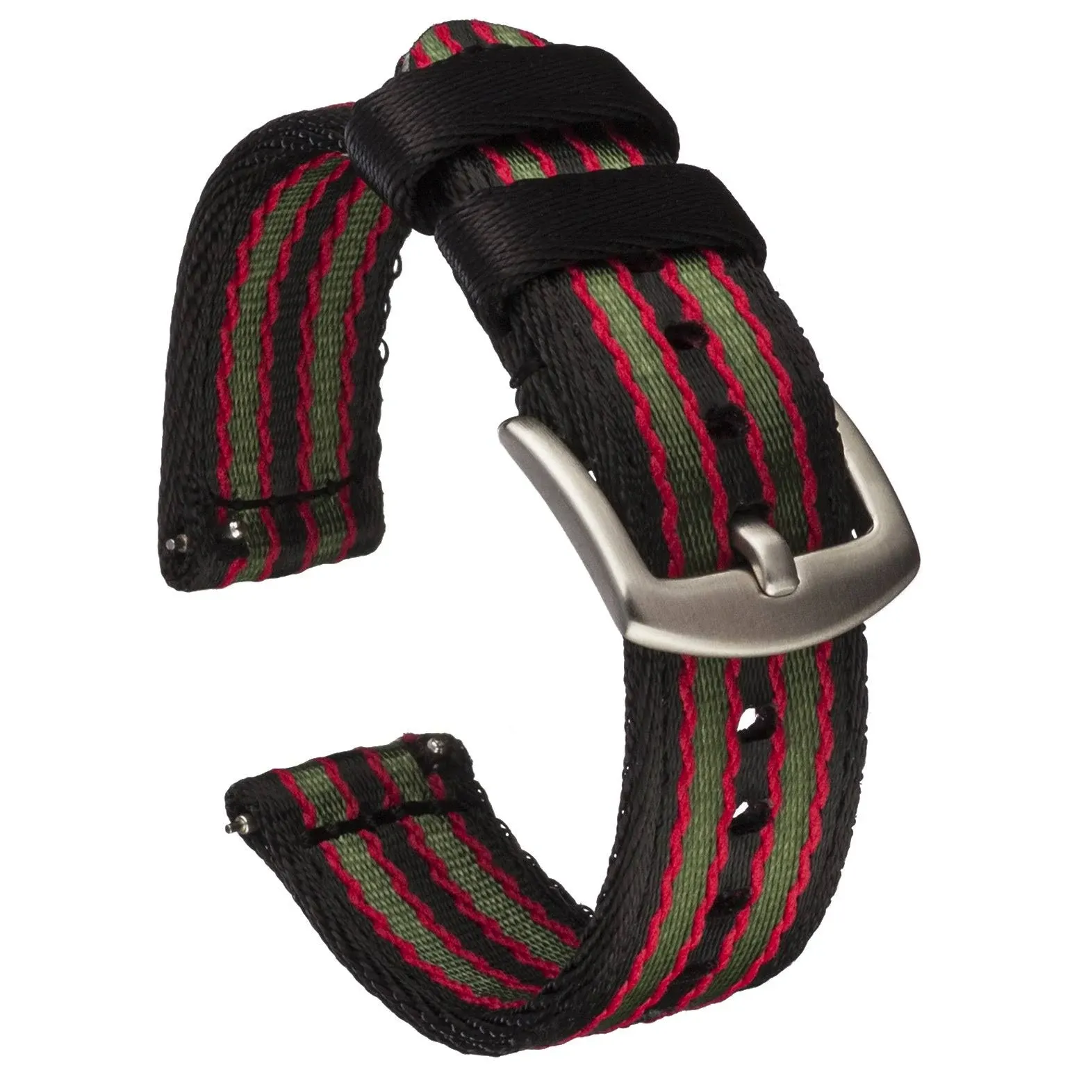 Quick Release Seatbelt Nylon Watch Band | Black, Red & Green Striped 20mm