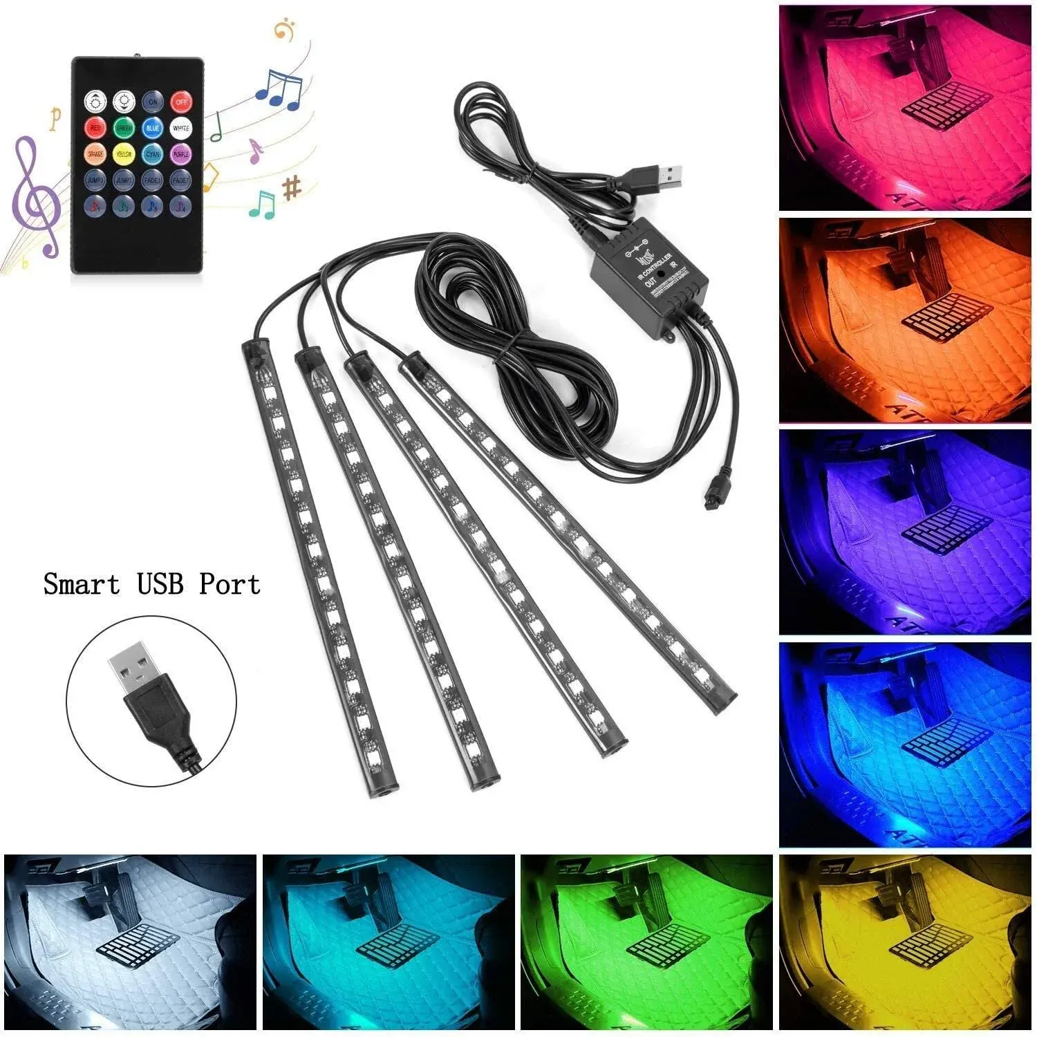 Sunnest Car Led Strip Lights, 4pcs 48 Usb Led Interior Lights, Multicolor Music ...