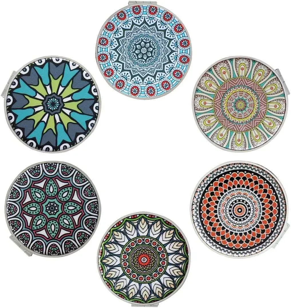 Beaufy Magnifying Travel Makeup Compact Mirror Small Mirrors Bulk Handheld Pocket Purse Folding Portable Dual Beauty Cosmetics Mini Mirror for Women Girls Men Embossed Mandala Mixed Designs 6 Pack