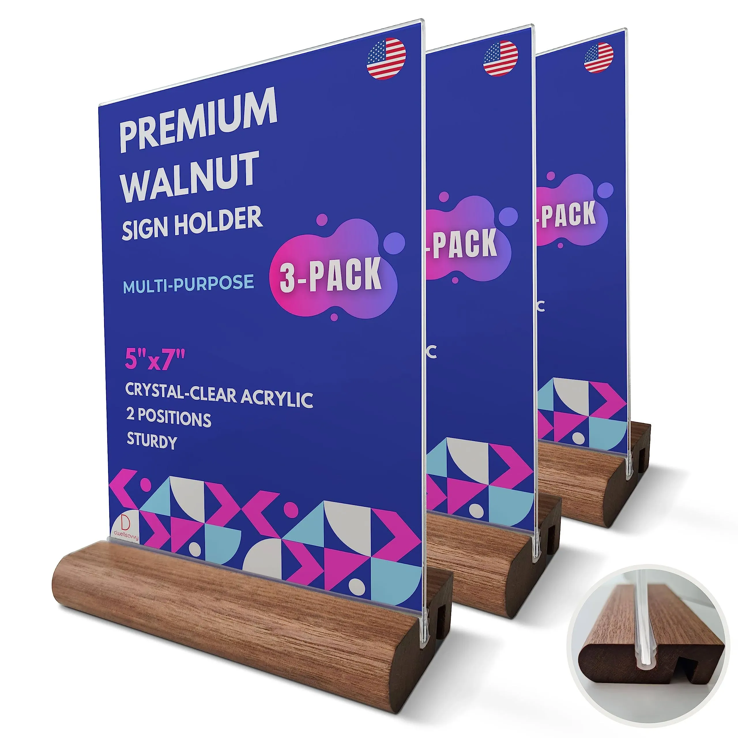 DS Acrylic Sign Holder 5x7" [3-PACK] | Walnut Wood Base and Crystal-Clear Acrylic Frame: Double-Sided Tabletop Display. Menu Holder, Picture Frame, Store Sign, Display Stand or Booth Display.