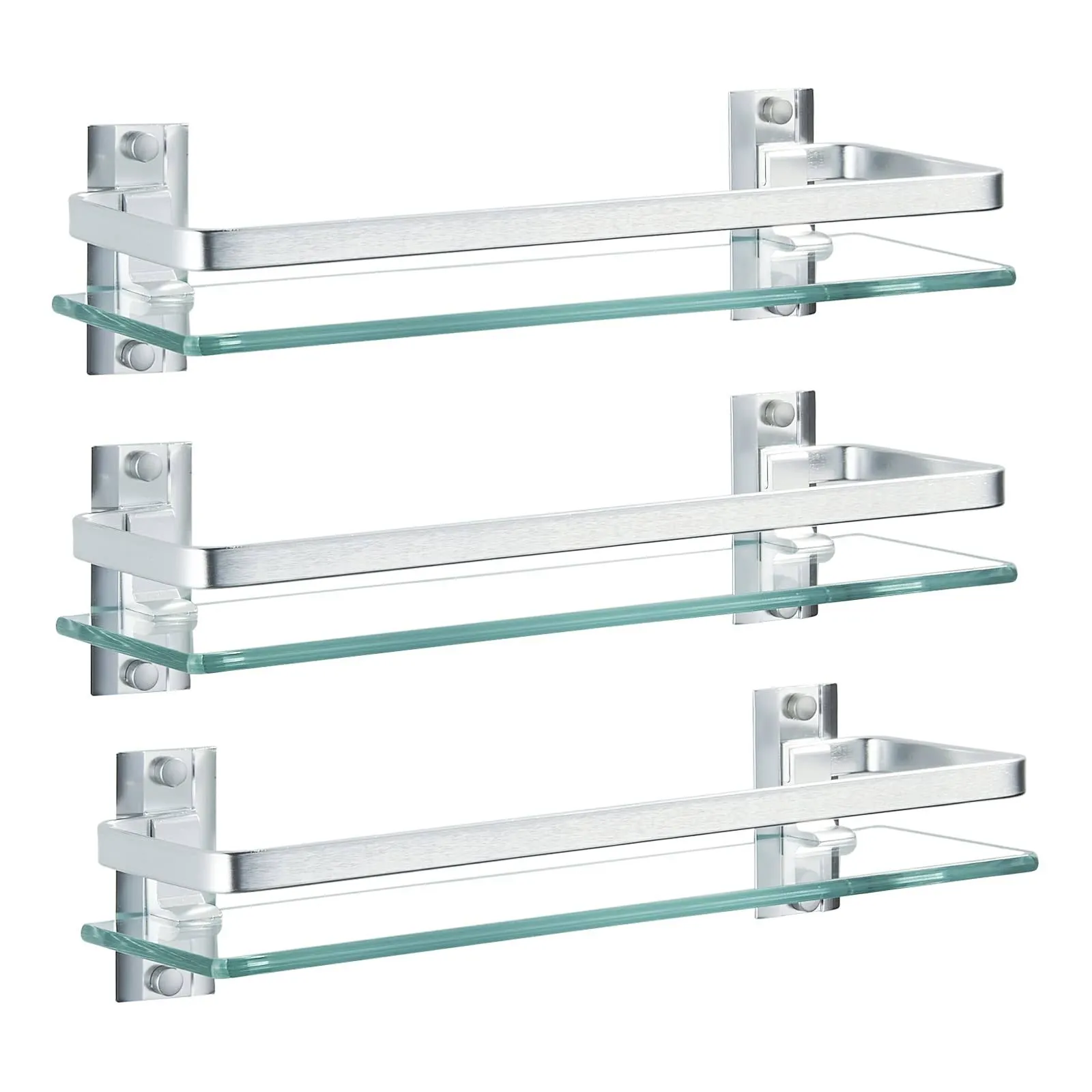 AIJALY 3 Pack Bathroom Glass Shelf ,Aluminum Tempered Glass 0.34in Extra Thick Rectangular 1 Tier Storage Organizer Wall Moun